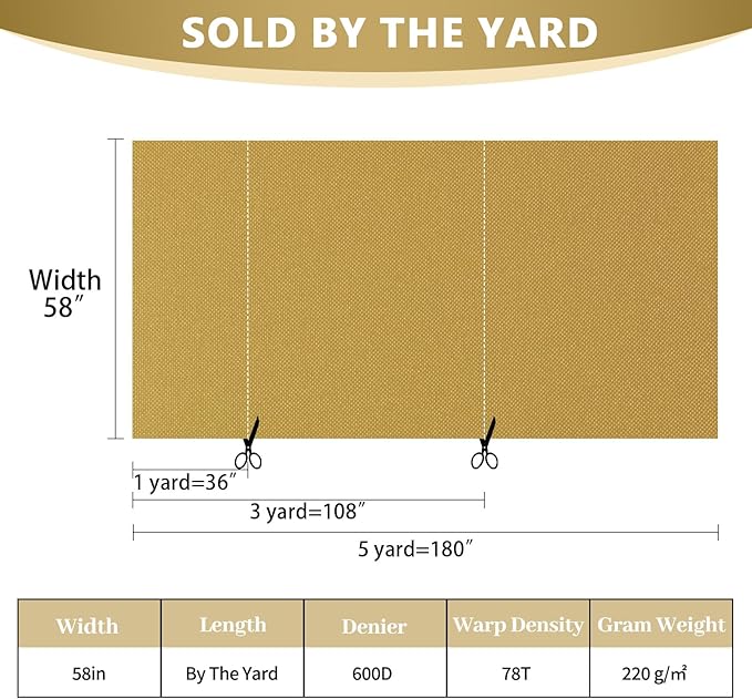 Waterproof Canvas Fabric by The Yard 58inch 600D Upholstery Material Polyester Fabric Outdoor Water Resistant Fabric for Sewing Chair Patio Cushion Purse Bag Interior, 8 Yard Tan