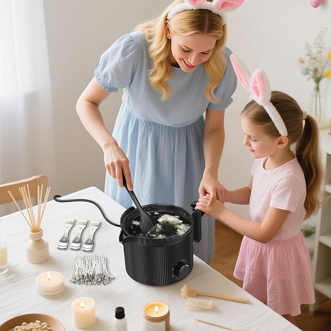 Candle Wax Melter with Pour Spout, Candle Making Kit for Adult Beginners, for Candle Making, Set Includes Wax Melting Pot, Stirring Spoon, Thermometer, Wick, Wick sticker and Centering Device - Black