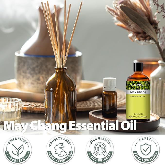 PHATOIL May Chang Essential Oil, Pure Premium Natural Oil for Hair Care, Body Skin Care, Aromatherapy, DIY Candle, Soap Making 3.38Fl Oz
