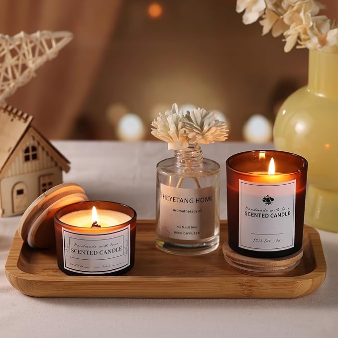 sunnyfuture 16 Pack Forsted Amber Candle Jars, 8pcs 7oz + 8pcs 4oz Candle Jars for Making Candles with Wooden Lids and Labels for DIY, Gifts, Home