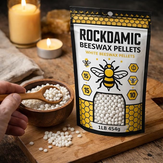 Rockdamic Natural White Beeswax Pellets 1lb - (454g) Organic Wax for Skin, Lip Balm, Lotion Making - Pure Pastilles, Unscented Beads for Candles, Salves, Soap, and Cosmetics - Bulk Melting Pellets