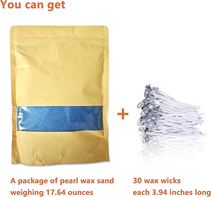 DRMAISON Pearled Candle Wax Sand DIY Kit - 17.6 oz, Sky Blue, Non-Toxic&Smoke-Free, Refillable with 30 Wicks, Long-Lasting Flame, Highly Customizable for Wedding, Party&Holiday Decor