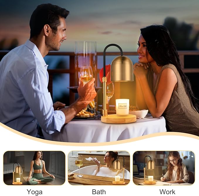 Candle Warmer Lamp with Timer & 3 Bulbs, Dimmable Electric Candlelight Adjustable Height and Brightness Candle Wax Warmer for Jar Candles Bedroom Home Decor House Warming Gift for Women (Round Gold)