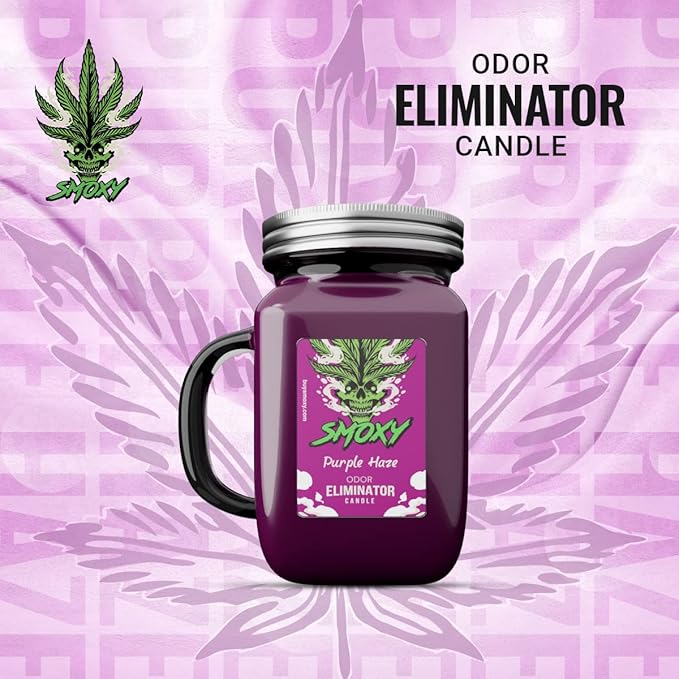 Smoxy Smoke Odor Eliminator Candle - Scented Candle for Home - Indoor Space Deodorizer & Air Freshener with Fragrance Pet Smell - Natural Palm Wax - Glass Mason Jar, 13oz. (Purple Haze)