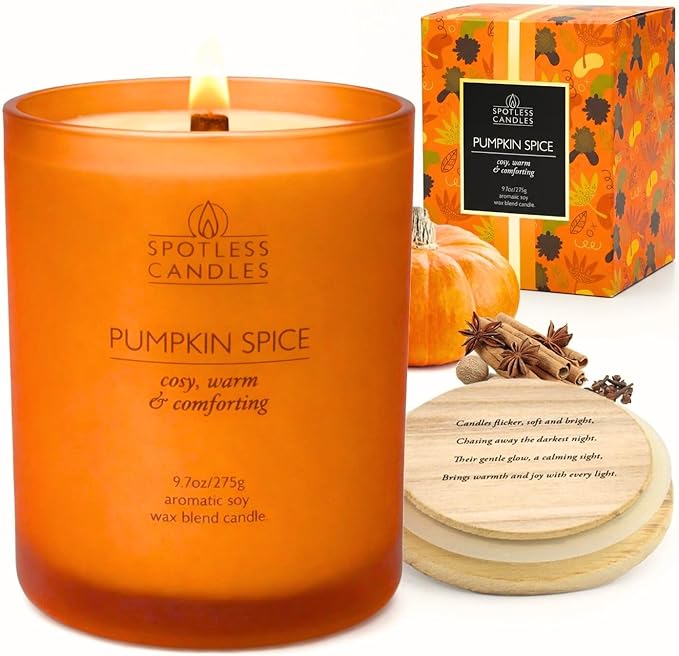 Pumpkin Spice Candle 9.7 oz: 55 Hrs Burn Time - Pumpkin Spice Scented Candles in Frosted Glass Jar with Wooden Crackling Wick in a Luxurious Gold Foil Lined Gift Box
