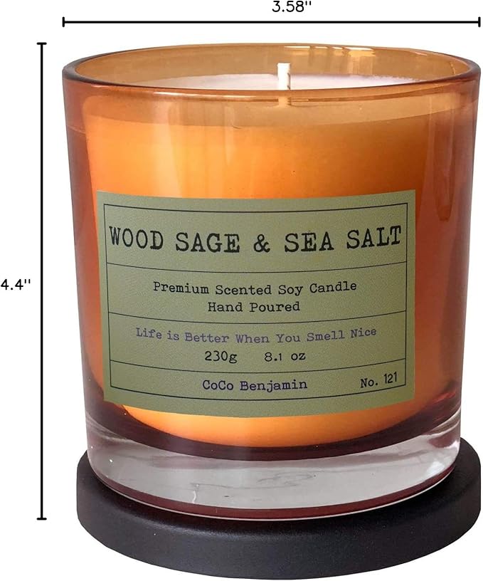 100% Natural Soy Wax Candle by CoCo Benjamin - Highly Scented & Hand-Poured Luxury Candle (Wood Sage & Sea Salt)- Clean Burning Cotton Wick