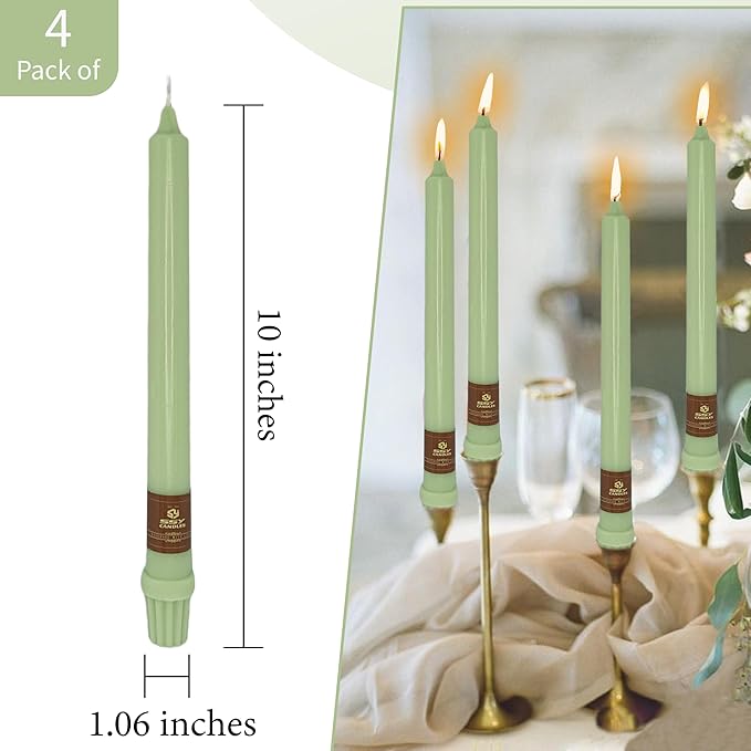 Green Taper Candle 10 Inch Long Candlesticks Unscented Dripless Tapered Candle Set for Home Decor Wedding Party Dinner Candles, 4 Pack