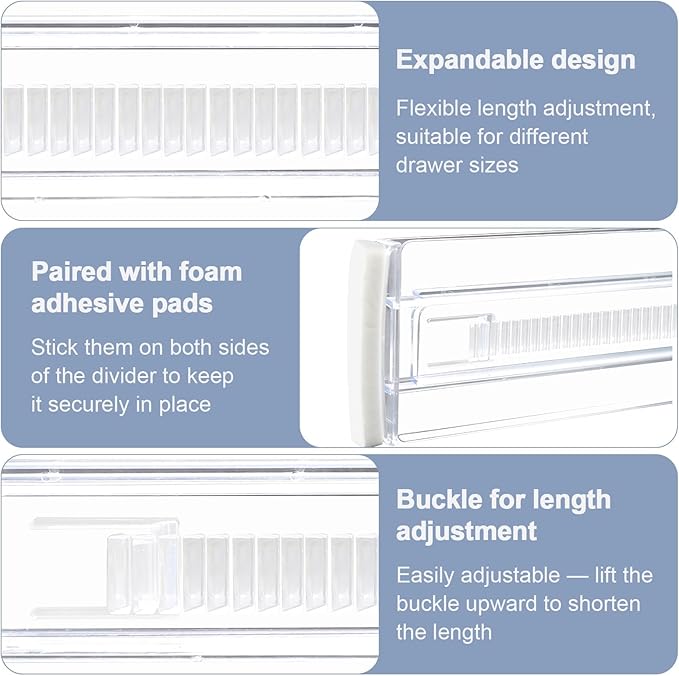 6 Pack Adjustable Drawer Dividers(11.34-19.88") 3.15" Expandable Clear Drawer Dividers for Kitchen, Bedroom & Office Dresser Drawer Organizers for Clothes, Utensils and Baby Nursery Storage