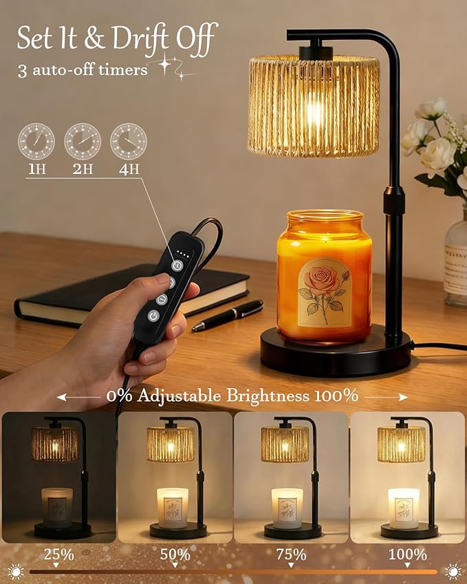 Candle Warmer Lamp, Timer Dimmable Candle Lamp, Adjustable Height and Brightness Black Candle Warmer, Boho Rattan Lampshade and 2 Bulbs, Suitable for Home Decor, Birthday Gifts for Women Mom