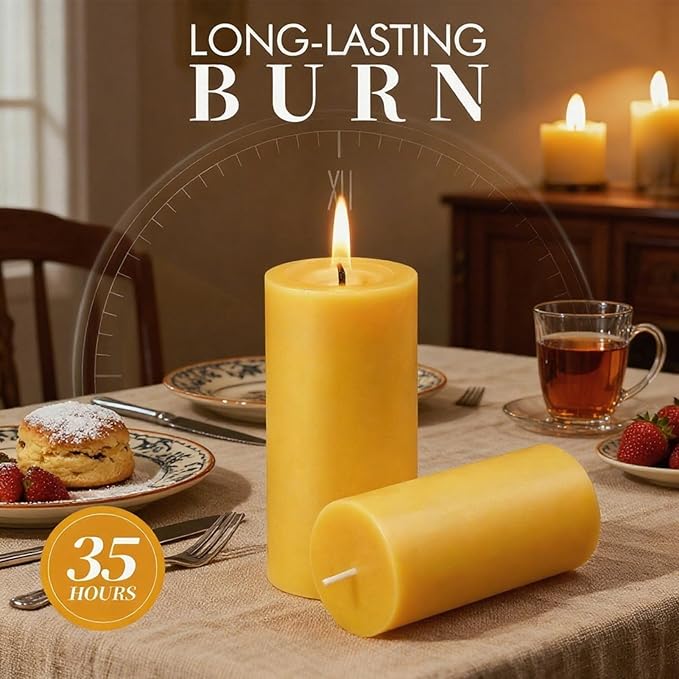 Beeswax Pillar Candles 4 Packs,100% Bees Wax Candles for Home-140 Hours Long Burning for Emergency, Natural Beeswax Candle Bulk for Relax, Pure,Smokeless & Dripless