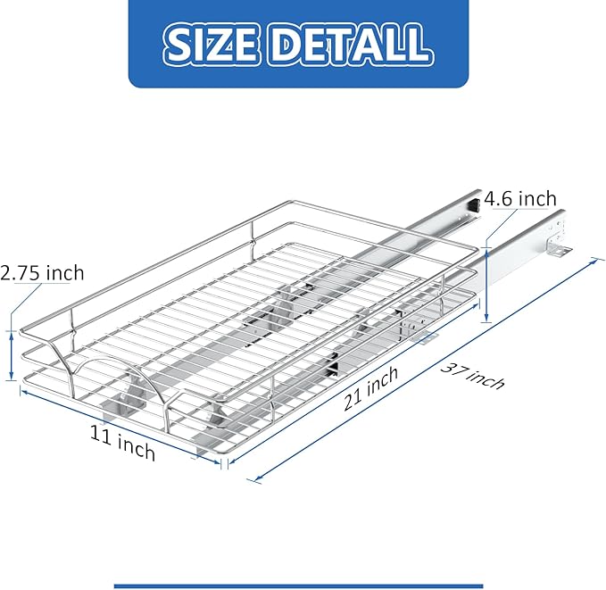 ROOMTEC Pull Out Cabinet Organizer - 11" W x 21" D, Slide Out Storage Shelves, Fits 12.5" Opening
