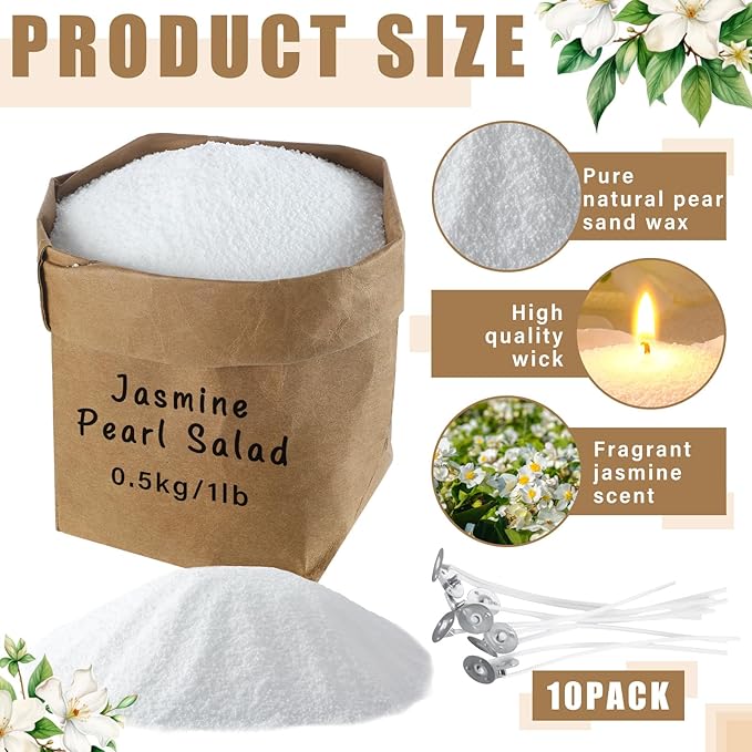 Conelist 1lb Jasmine Scented Pearled Candle Sand Wax Set Customized Powder Making Candles Refill Kit Palm Wax All Natural Non Toxic with 10 Wicks for Graduation Thank You Teacher Gifts DIY Making