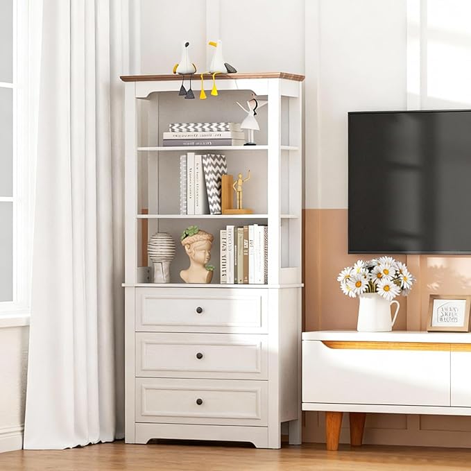 Bookcase 4-Tier Bookshelf with 3 Drawers, Pantry Storage Cabinets, 68'' Freestanding Tall Bathroom Cabinet, Sideboard Microwave Space Cupboard Organizer for Home Office, Retro White
