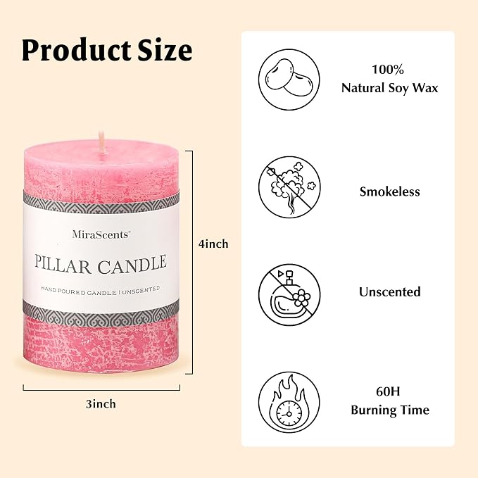 3x4 Inch Pink Pillar Candles Set of 3 - Hand-Poured Unscented Candles, Long Clean Burning, Smokeless Dripless Candle for Dinner Table, Home, Bathroom, Wedding, Valentines Day Decor