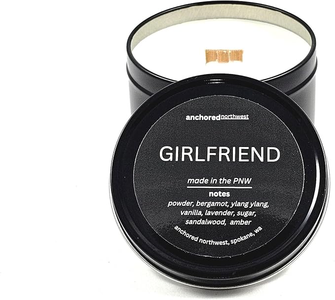 Anchored Northwest - Girlfriend Travel Tin Candle, 6oz Black Metal Tin, American Cedar Wood Wick, Hand Poured, Essential Oil Blend 100% Soy Wax, 35+ Hour Burn