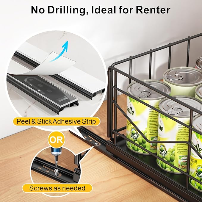 iSPECLE Pull Out Cabinet Drawer - For (12" - 36") Wide Cabinet, No Drilling Ideal for Renter, Easy Slide Out Access Items No More Digging, Large Capacity Store More for Kitchen Pantry Bathroom, 1 Pack