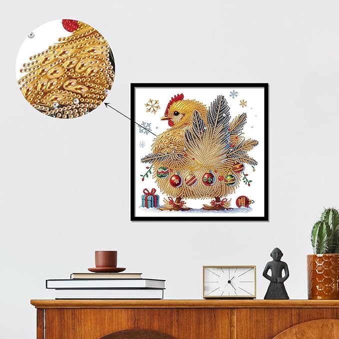 antor Christmas Diamond Painting Kit, 5D Special Shape Diamond Art for Adults, Decorated Rooster in Snow Crystal Rhinestones Diamond Painting Canvas, Holiday Christmas Home Wall Decor Crafts Gift