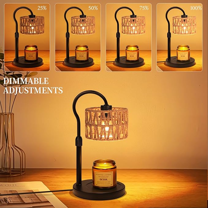 Candle Warmer Lamp,Adjustable Height with 2 Bulbs，Boho Rattan Candle Lamp with Dimmer & Timer, Flameless Fragrance Diffuser for Scented Wax Melts, Mothers Day and Birthday Gifts for Home, Office