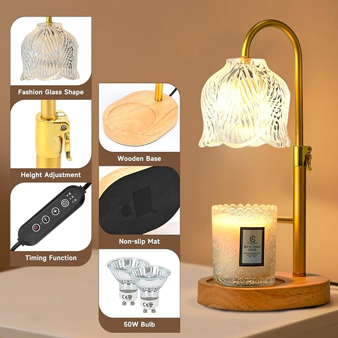 Candle Warmer Lamp with Timer, Valentine's Day Birthday Gifts for Women Mom, Height Adjustable Wax Melts Warmer, White Elephant Gifts, Dimmable Candle Warmer for Jar Candles with 2 Bulbs