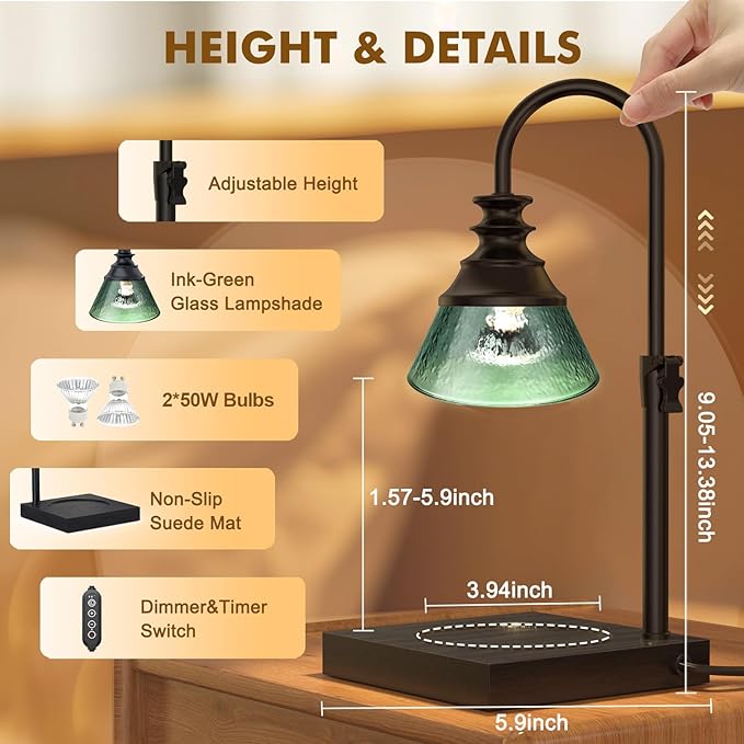Uflatek Electric Candle Warmer Lamp with Timer, Adjustable Height Dimmable Lamp with 2 Bulbs, Dark Green Jar Candle Melting Warmer, Vintage Home Decor, Housewarming Gift for Women and Moms