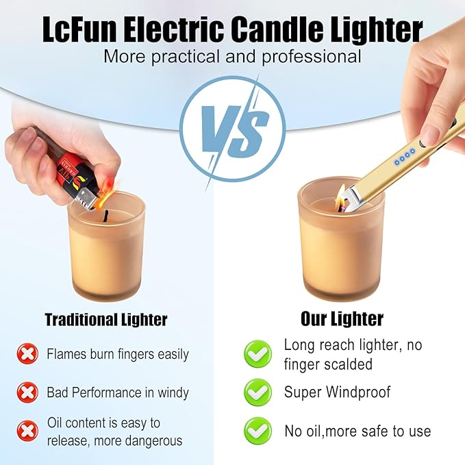LcFun 2 Pack Candle Lighter Electric USB Rechargeable Plasma Arc Lighter with Safety Lock, Windproof Flameless Long Matches for Candle, Grill, BBQ, Camping, Gas Stoves (Gold,Pink)