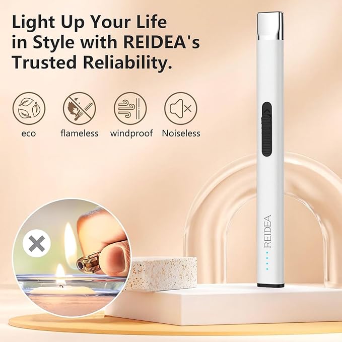 REIDEA Lighter Electronic for Candle, Windproof Flameless USB Rechargeable Arc Lighter with Safe Button and Power Indicator for Candle, BBQ, R1, White