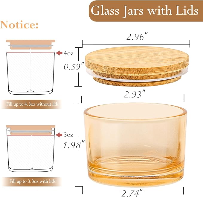 CONNOO 15 Pack 4 OZ Gold Amber Glass Candle Jars with Airtight Bamboo Lids for Making Candles, Bulk Small Wide Mouth Empty Candle Containers with Sticky Warning Labels - Dishwasher Safe, Champagne