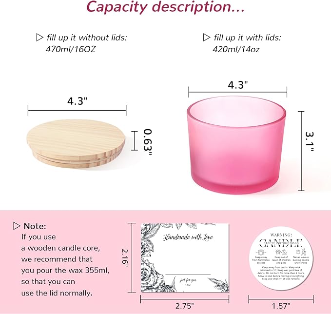LAMORGIFT 6 Pack Glass Candle Jars with Lids (16oz, Frosted Pink) - Large Candle Jars for 3 Wick Candles Making - Empty Candle Jars Containers - Candle Making Accessories Include 16Pcs Candle Labels