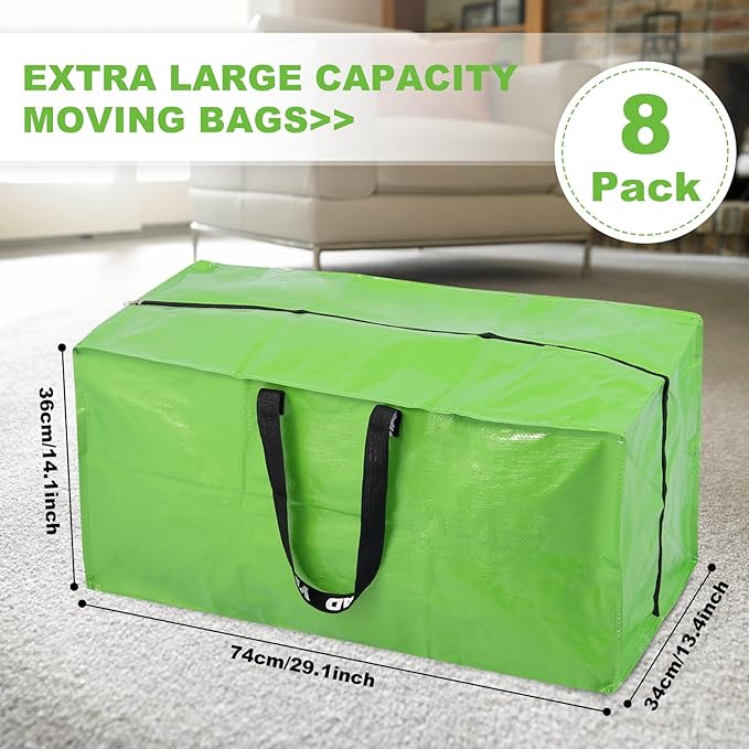 Ice Cream Moving Bags - 8 Pack Extra Large Heavy Duty Storage Bags With Zipper & Reinforce Handles | 29x14x13 Inch Moving Tote Bags Bulk For Clothing, Shoes, Travel