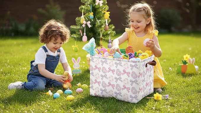 Rectangle Easter Basket Empty,Easter Gift Bakset,Easter Basket for Egg Hunting,Room Decor(Bowknot Easter Basket)