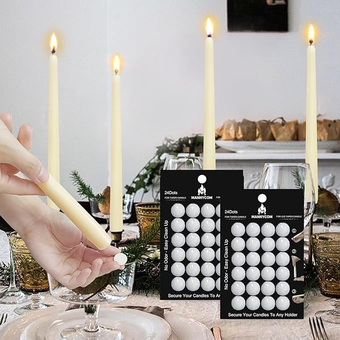 Taper Candles Sticky Dots - MANNYCOM White Wax Dot - Candl Accessories - Candle Adhesive - Secure Your Candles Fixed to Any Holder - 48 Pack