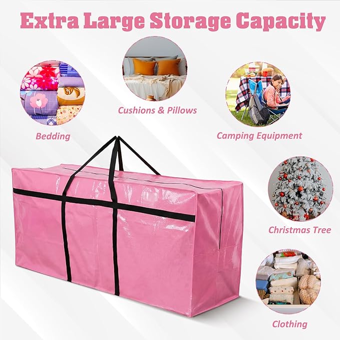 4 Pcs 149 Gallon Extra Large Moving Bags Heavy Duty Storage Bag with Strong Zipper Handle Foldable XXL Jumbo Storage Tote Packing Moving Box for College Dorm Travel Cloth Duffle (Pink)