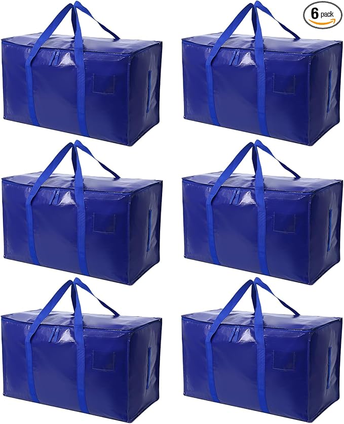6 Pack Moving Bags Heavy Duty, Extra Large Moving Bags, Moving Supplies, Storage Bags with Handles and Zippers, Waterproof Totes for Storage Space Saving Packaging Shipping and Travel(Blue)