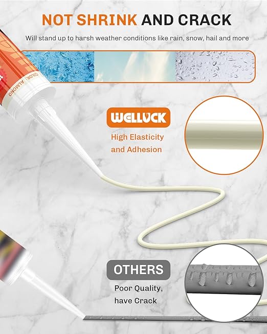 WELLUCK Almond Silicone Caulk, 100% Waterproof Silicone Sealant Adhesive Caulking,for RV, Kitchen,Bathroom, Window, Door, Glass,10.2FL.OZ/300ML,Almond/Cream (1Pack)