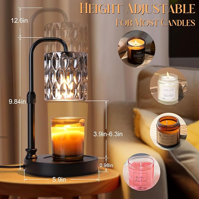 Candle Warmer Lamp with Timer &Dimmer, Adjustable Height Candle Wax Warmer Warming Lamp with 2x50W Bulbs for Scented Candles for Housewarming Bedroom Home Decor Mom Women