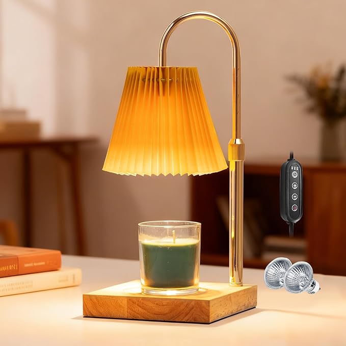 MOAFINA Candle Warmer Lamp with Timer Dimmable,Wax Warmer Lamp with Pleated lampshade,Height Adjustable Candle Warmer with 2 Bulbs,Gifts for Women Mom,House Warming Gifts New Home Bedroom Decor