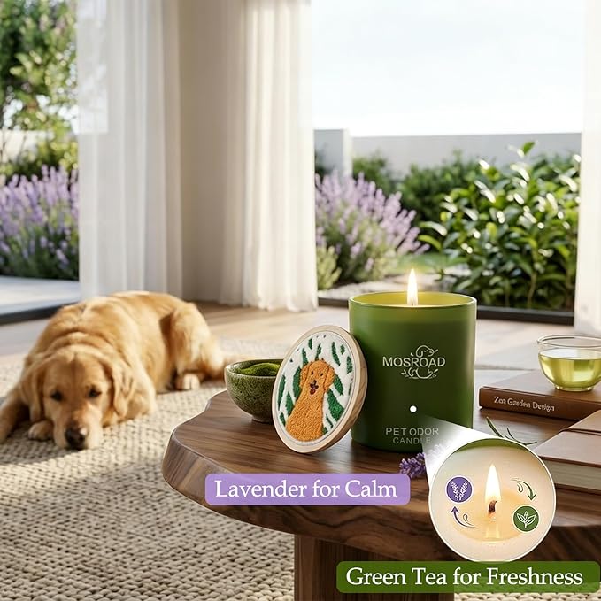 Pet Odor Eliminator Candle – Lavender & Green Tea, 60-Hour Long Burn Time, Plant Based Pet Safe Soy Wax Candles for Home Scented, Cat & Dog Friendly Odor Eliminating Candle Gift