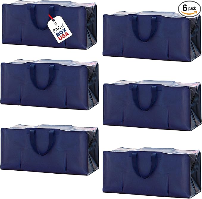 BOX USA 6-Pack Moving Bags with Strong Handles & Zippers - Heavy Duty Extra Large Packing Bags for Storage, Moving Boxes, Dorm & College Supplies, Blue