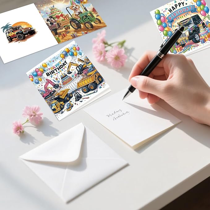 5D Diamond Art Painting Greeting Cards Kit, DIY Cards for Blessings Congratulations Gifts, Greeting Card Set for Birthday Thanksgiving Day Christmas Halloween-Tractor Buggy
