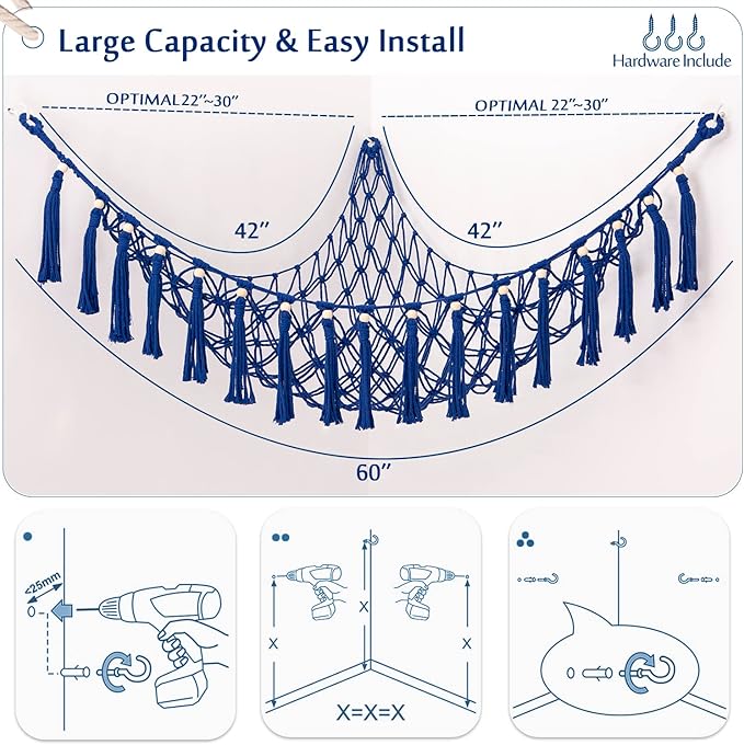 MAKEONEWO Stuffed Animal Toy Hammock Hanging-Handmade Large Blue Macrame Organizer Display Corner Plush Toys Net Holder for Boho Nursery Playroom Boy Bedroom Kids Room Storage Dark, 1 Pack