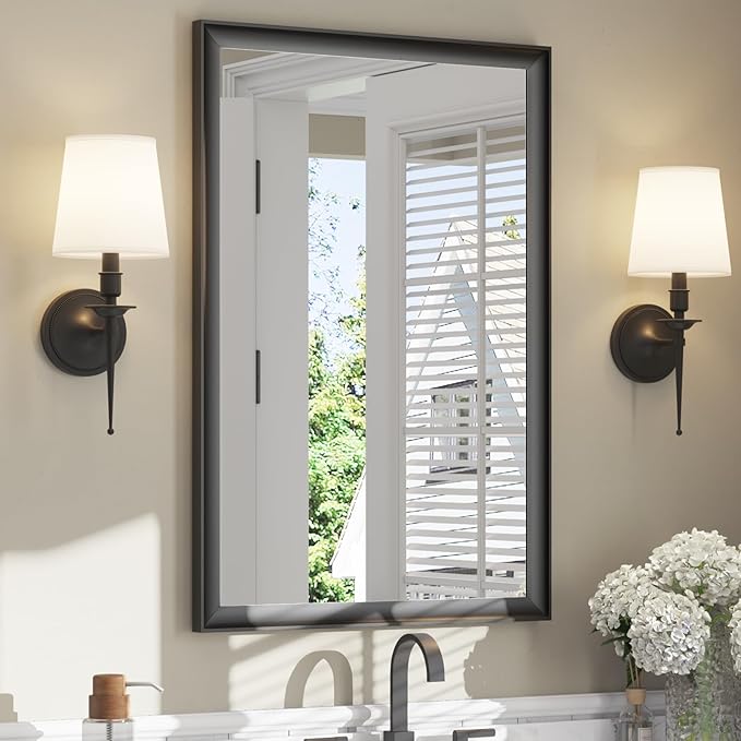 USHOWER Black Bathroom Mirrors for Over Sink 24x36 Inch, Metal Framed Rectangle Vanity Mirror for Wall, Bedroom, Living Room, Entryway, Farmhouse, Anti-Rust, HD Tempered Glass, Horizontal/Vertical