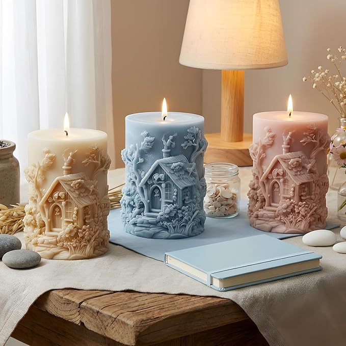 XIAOSHUI Wooden House Silicone Candle Molds for Candles Making Resin Casting Aromatherapy