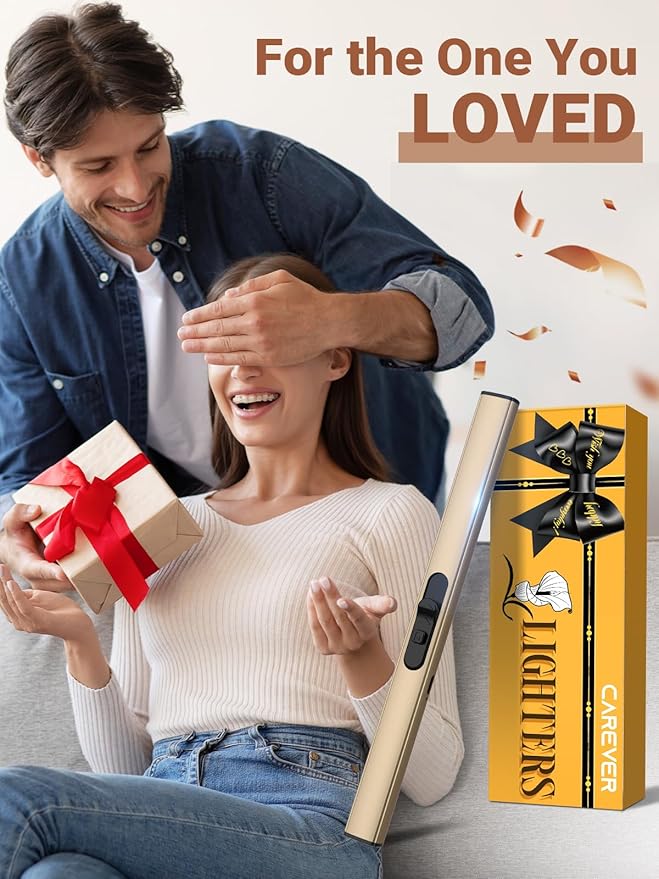 Candle Lighter Stocking Stuffers for Women Men, Electric Candle Lighter USB Rechargeable Graduation Gifts for Him Wife Girlfriend Safety Lock Long Lighters for Grill Kitchen BBQ Camping,Champagne Gold