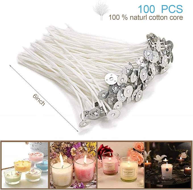 DINGPAI 100pcs Cotton Candle Wicks, 6 inches Low Smoke Pre-Waxed Wicks for Candle Making, DIY