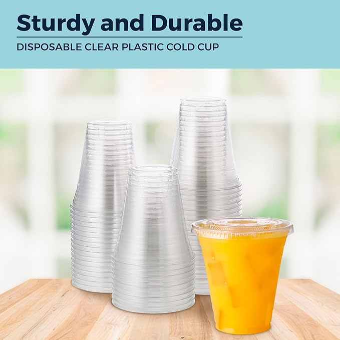 [1000 SET]HAKOWARE by Harvest Pack 12 oz Ultra Clear Plastic Cold Cups with Flat Lids, Disposable Wedding Party Drinking Cups Tumblers, Iced Coffee Beer Juice Cold Beverage