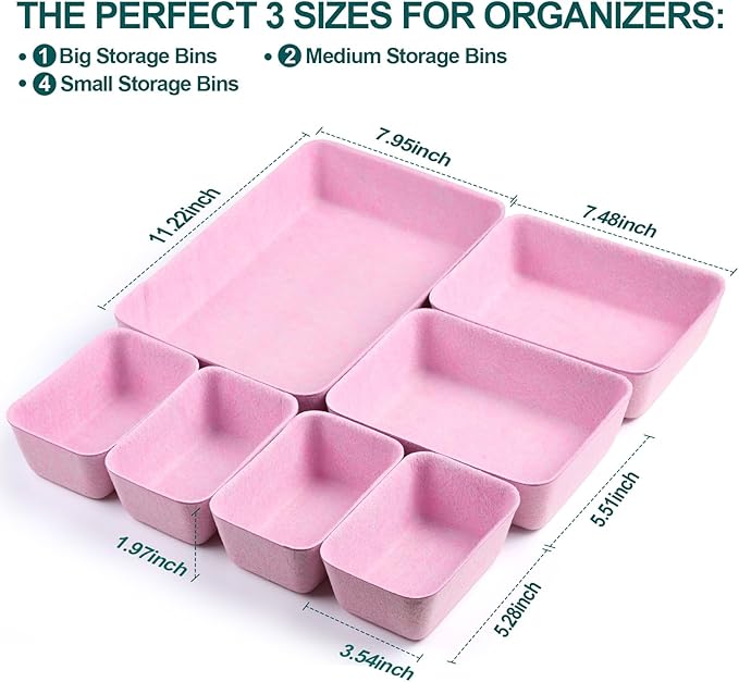 HNYYZL Desk Drawer Organizer,7 Pack Felt Drawer Organizer Shallow Drawer Organizers Felt Storage Bins,Desk organizer trays (Pink)