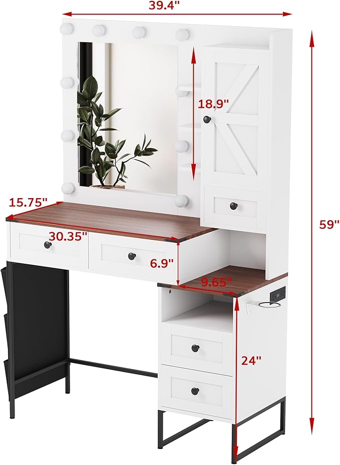 YIKEHOME Farmhouse 42'' Makeup Vanity Desk Set with Mirror, Vanity Table 3-Colour Lights with 5 Drawers & Shelves for Bedroom Dressing Room Brown