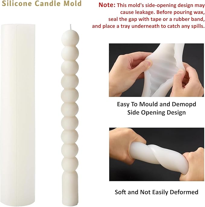 4 PCS Taper Candle Mold - Pillar Long Strip Candle Molds, 3D Silicone Candlestick Making Supplies, Cylinder Wave Twisted Strip Beaded Candlestick Casting Forms for Home Holiday Decor