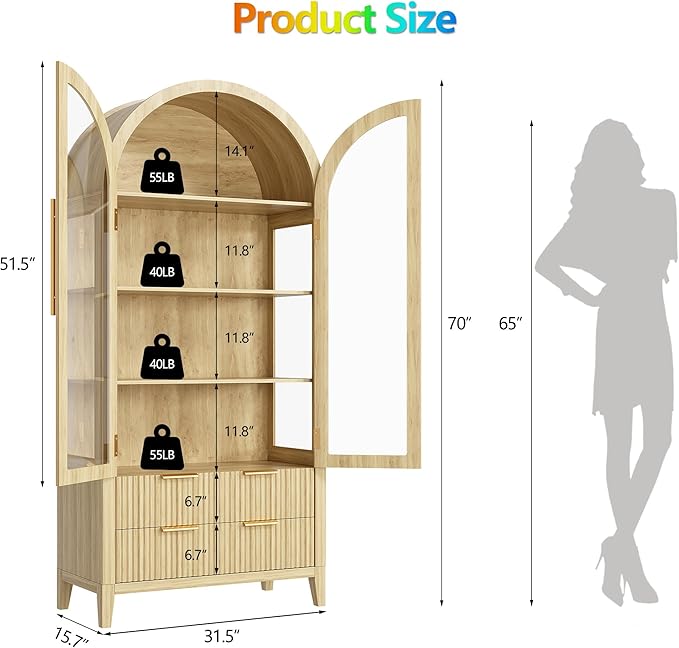 LVSOMT 71" Tall Arched Storage Cabinet with Glass Doors and Drawers, Curio Display Cabinet with Adjustable RGB Light & Human Sensor, 4-Tier China Cabinet for Living Room(Wood)