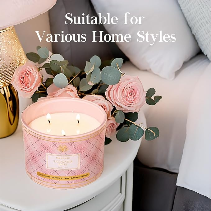 M&SENSE Plaid Pattern 3 Wick Soy Candles,11.64 oz Large Saltwater Rose Scent Candle for Relaxation, Gifting, Home Décor | for Bedroom, Office, Party